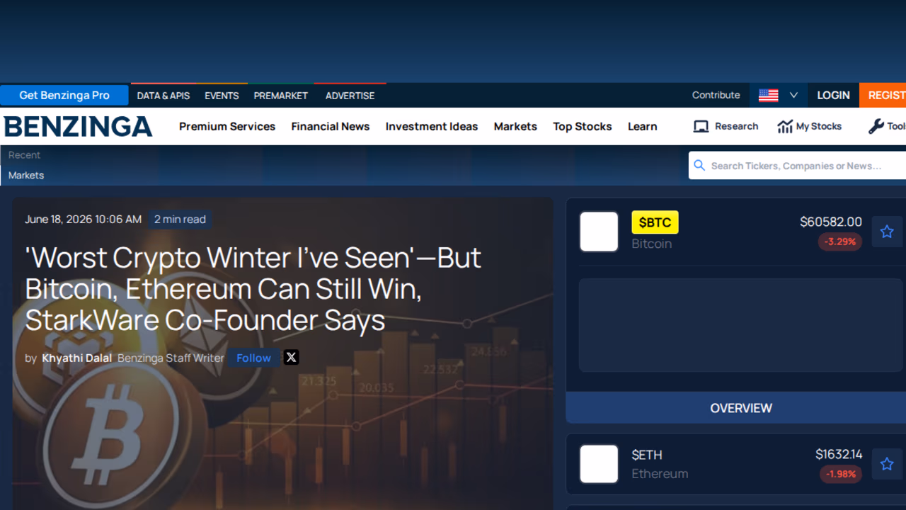 Benzinga: Worst Crypto Winter I've Seen, But Bitcoin and Ethereum Can Still Win