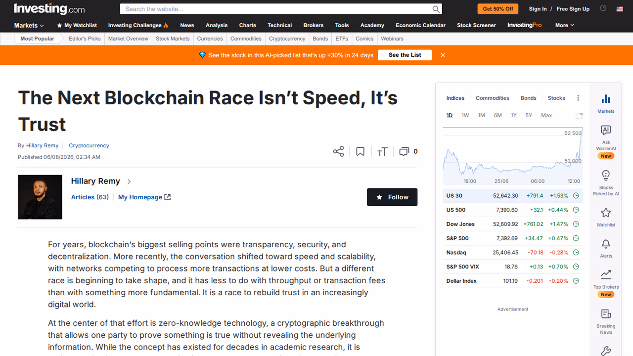 Investing.com: The Next Blockchain Race Isn't Speed, It's Trust